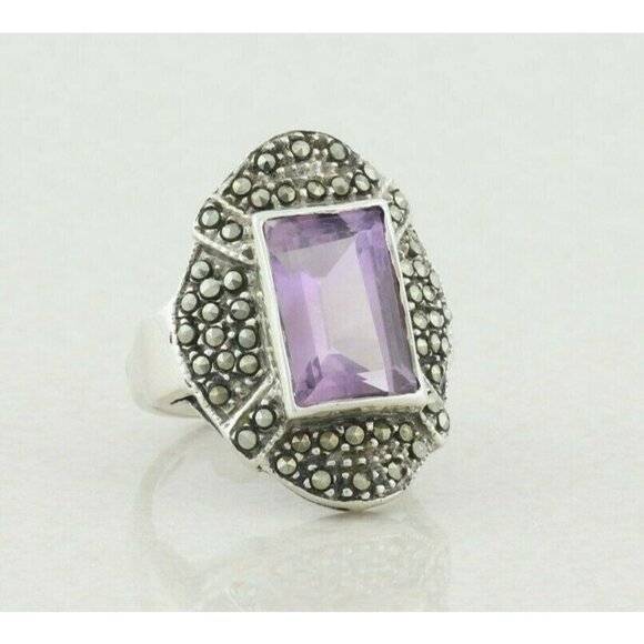 Sterling Silver Amethyst and Marcasite Ring Size 5 3/4 - Picture 1 of 8